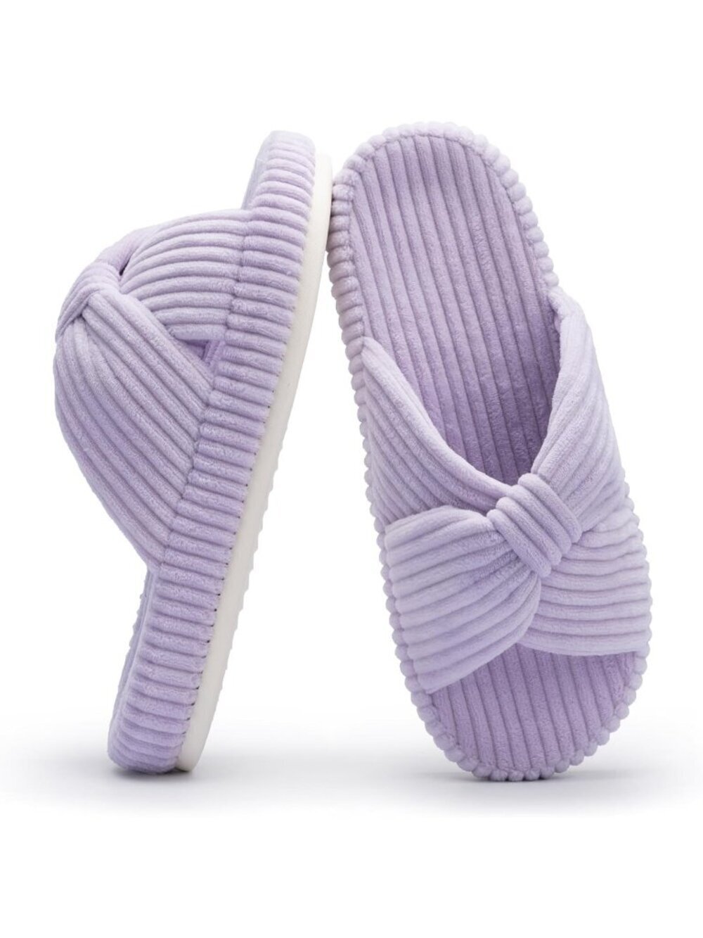 Women Light Purple Memory Foam House Corduroy Bow Crossbands Comfy Slipper Shoes